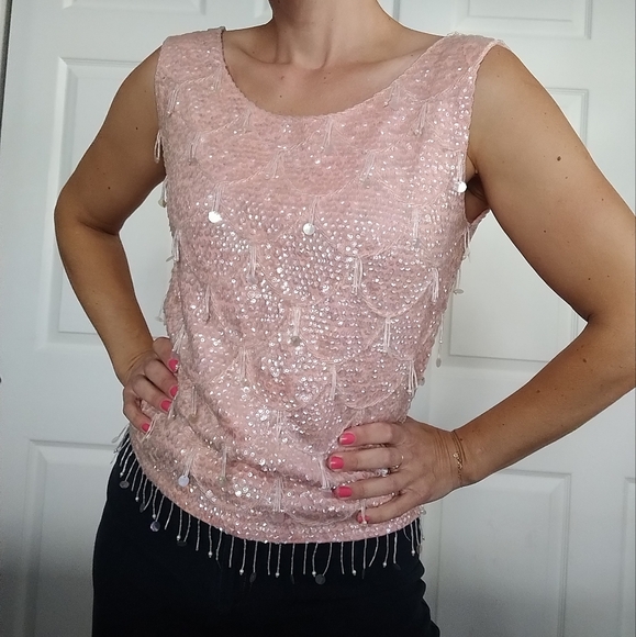 Macy's Pink Rhinestone and Beaded Fringe Tank Top Small - Picture 1 of 7